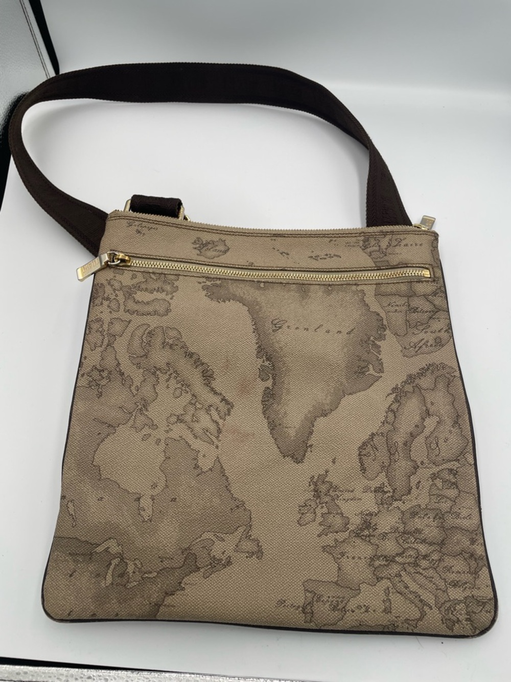 Alviero Martini Leather Map Crossbody Shoulder Bag
